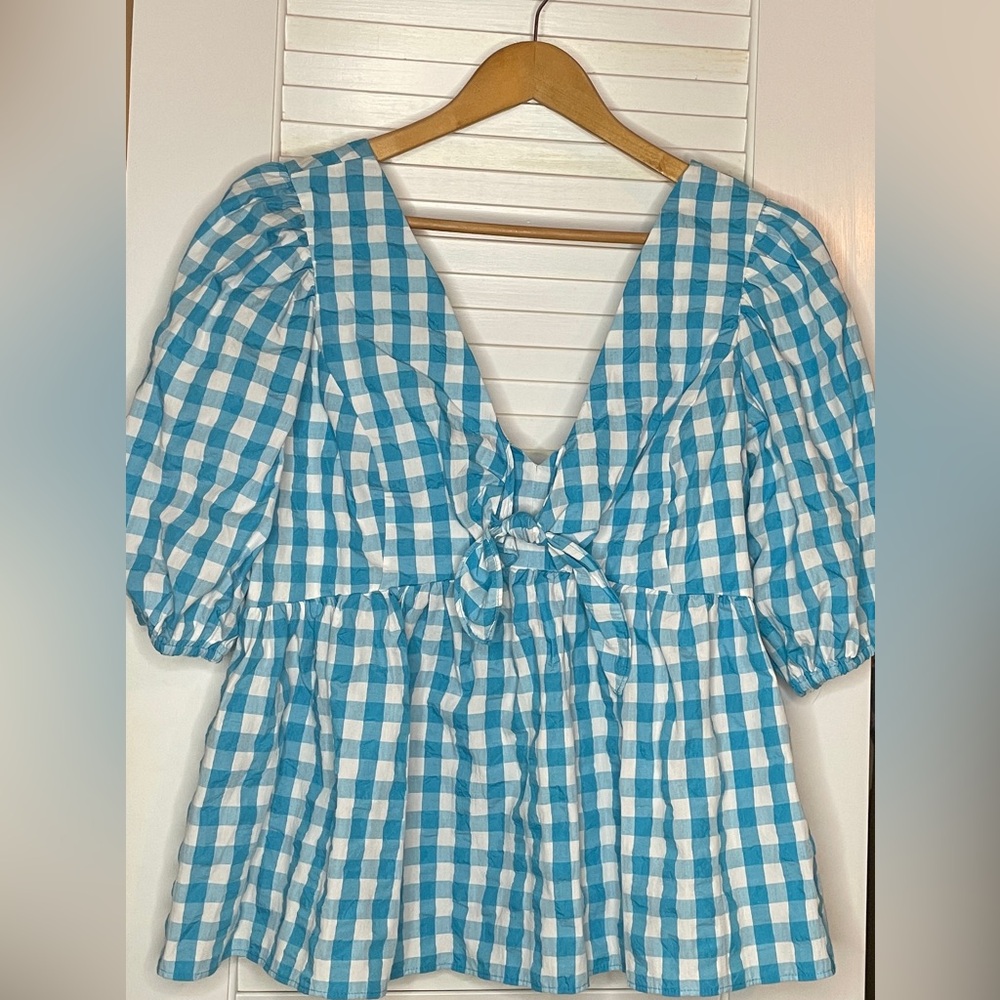 Lilly Pulitzer Sarafina Puff Sleeve Blue and White Gingham Shirt